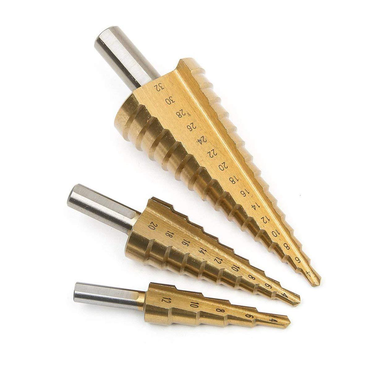 0437 -3X Large HSS Steel Step Cone Drill Titanium Bit Set Hole Cutter (4-32, 4-20, 4-12mm) DeoDap 0437 -3X Large HSS Steel Step Cone Drill Titanium Bit Set Hole Cutter (4-32, 4-20, 4-12mm) DeoDap